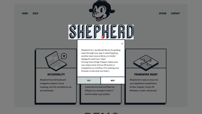 A screenshot of Shepherd.js in action