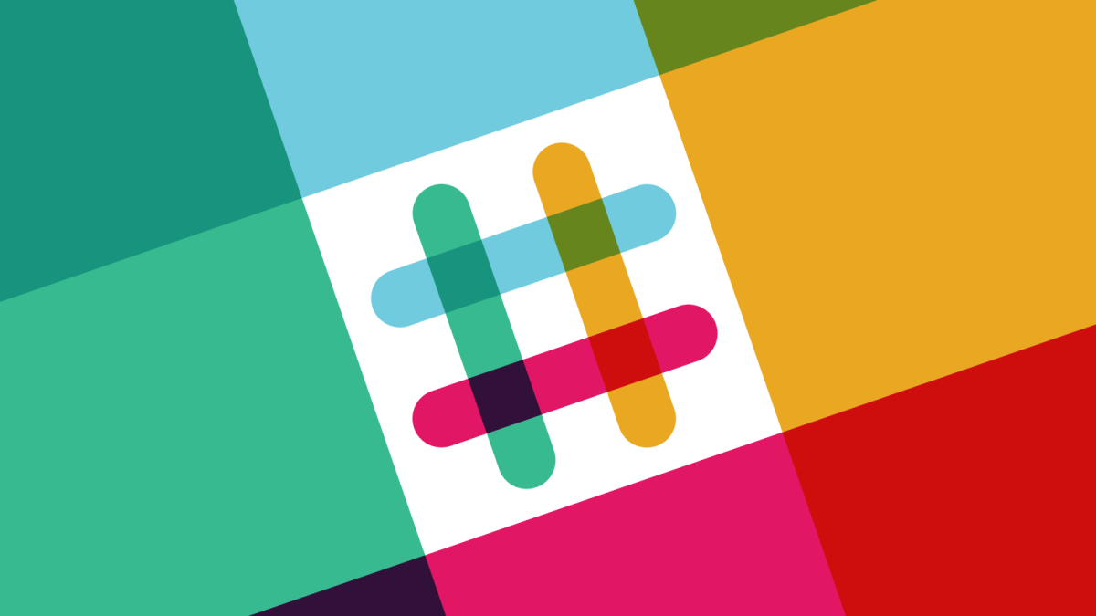 The Slack logo on a colorful geometric background