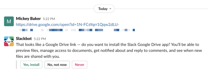 A screenshot of Slack's Google Drive integration