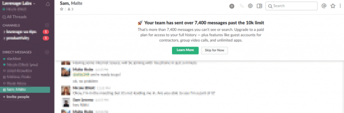 Slack's freemium-to-paid upgrade prompt displayed when a team exceeds the free-tier message limit.