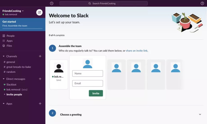 Slack's welcome and onboarding page showing a step-by-step team setup checklist, with fields to invite team members.