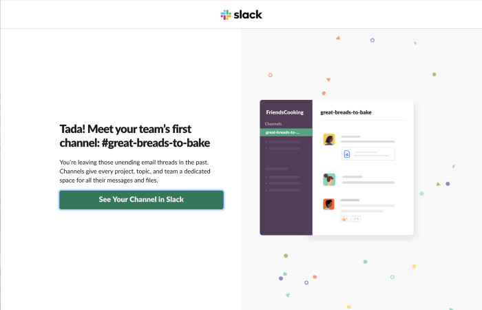 Slack's post-signup welcome page introducing a user's first channel with a 'See Your Channel in Slack' CTA and a preview of the workspace UI.