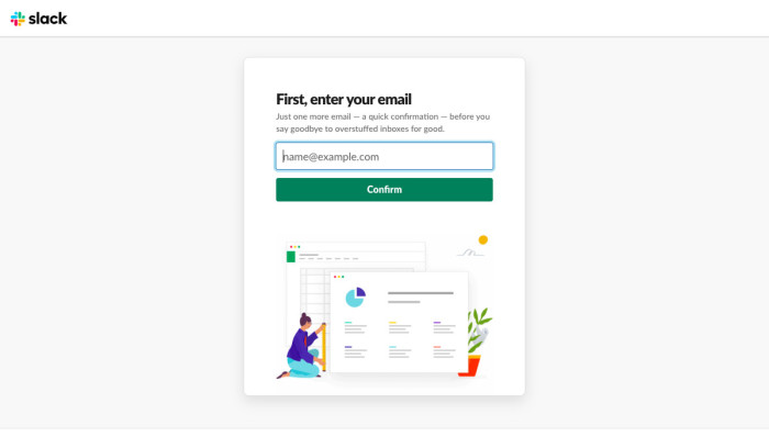 Slack's sign-up welcome page prompting users to enter their email address to confirm, with a 