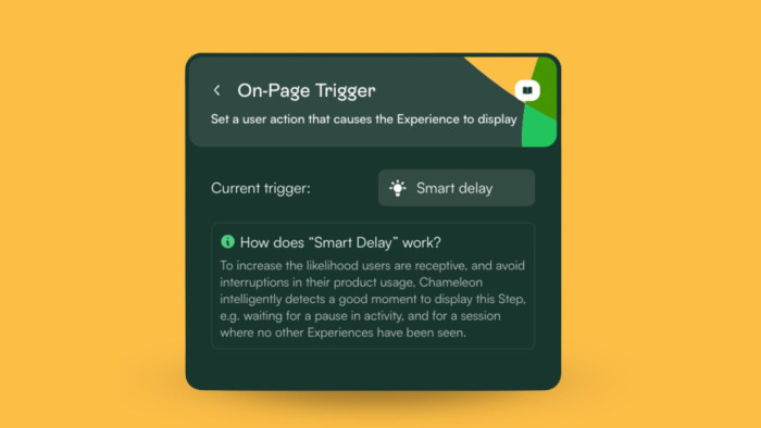 The Chameleon Builder's On-Page Trigger panel with Smart Delay selected, with an explanation of how the trigger works.