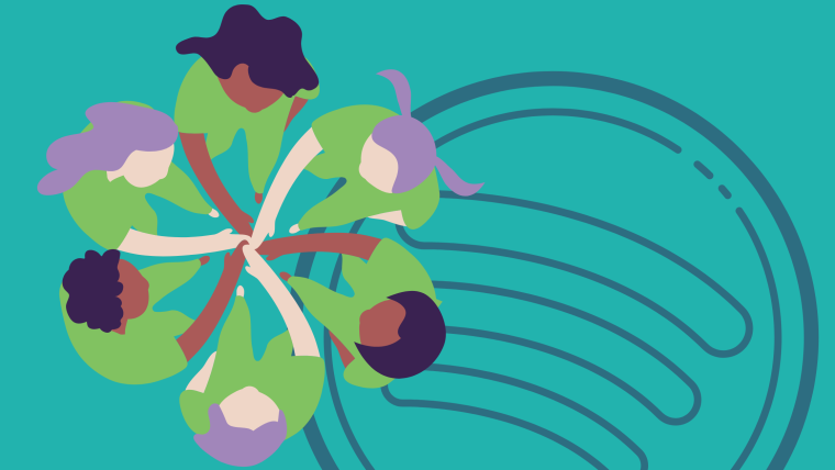 An overhead illustration of five people forming a circle and stacking their hands together, on a teal background