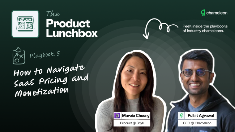 The Product Lunchbox Playbook 5 card for an episode on SaaS pricing and monetization, featuring Marcie Cheung (Product at Snyk) and Pulkit Agrawal (CEO at Chameleon).