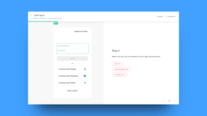 A Stonly interactive guide for login troubleshooting, with a branching step offering platform-specific options for web, Android, and iOS.