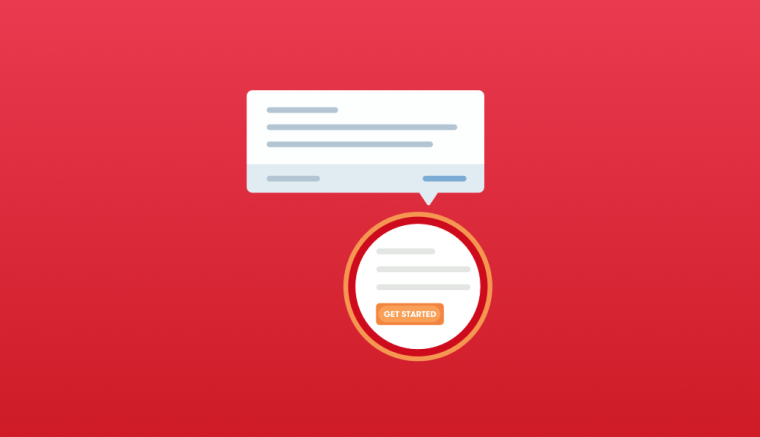 An illustrated callout with placeholder text lines, connected by an arrow to a highlighted 'Get Started' button.