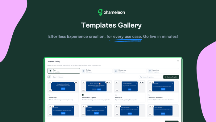 The Chameleon Template Gallery with category tabs for Tours, Tooltips, Microsurveys, and Launchers, and a grid of pre-built experience templates.