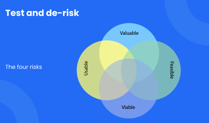 A Venn diagram titled 'The four risks' showing four overlapping circles: Valuable, Usable, Feasible, and Viable.