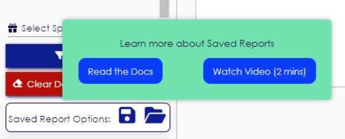 A Chameleon tooltip on Revenue Analytics' product prompting users to learn more about Saved Reports, with links to documentation and a video.