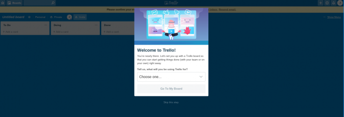 A screenshot of Trello’s welcome page product walkthrough