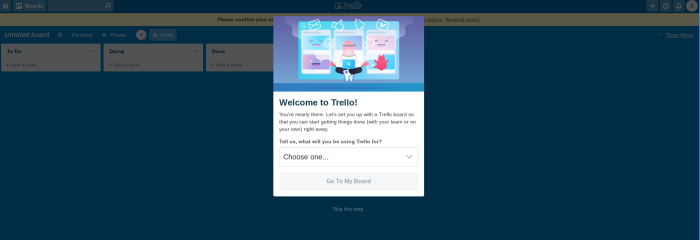 A screenshot of Trello’s welcome page product walkthrough