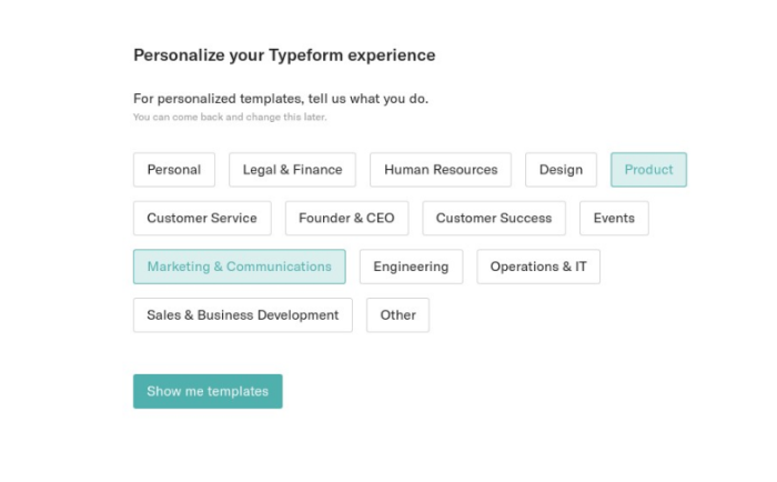 A screenshot of Typeform's personalization options for templates