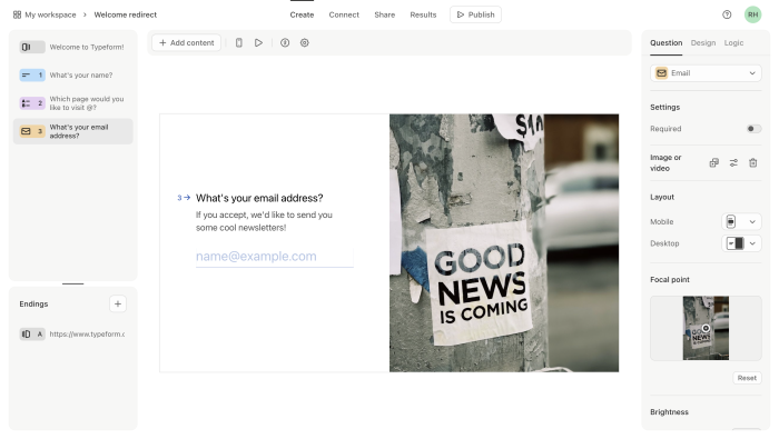 The Typeform form builder showing a multi-step form, with the email question step previewed alongside an image and question settings on the right.