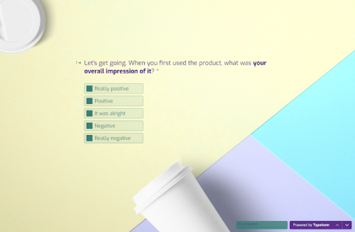 A Typeform survey interface with a sentiment question and multiple-choice response options, with 'Powered by Typeform' branding at the bottom.