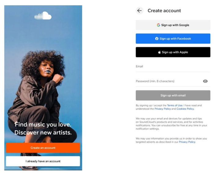Screenshot of Soundcloud mobile user onboarding flow