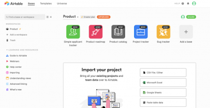 Airtable onboarding image 2: when you enter the platform, you see personalized templates