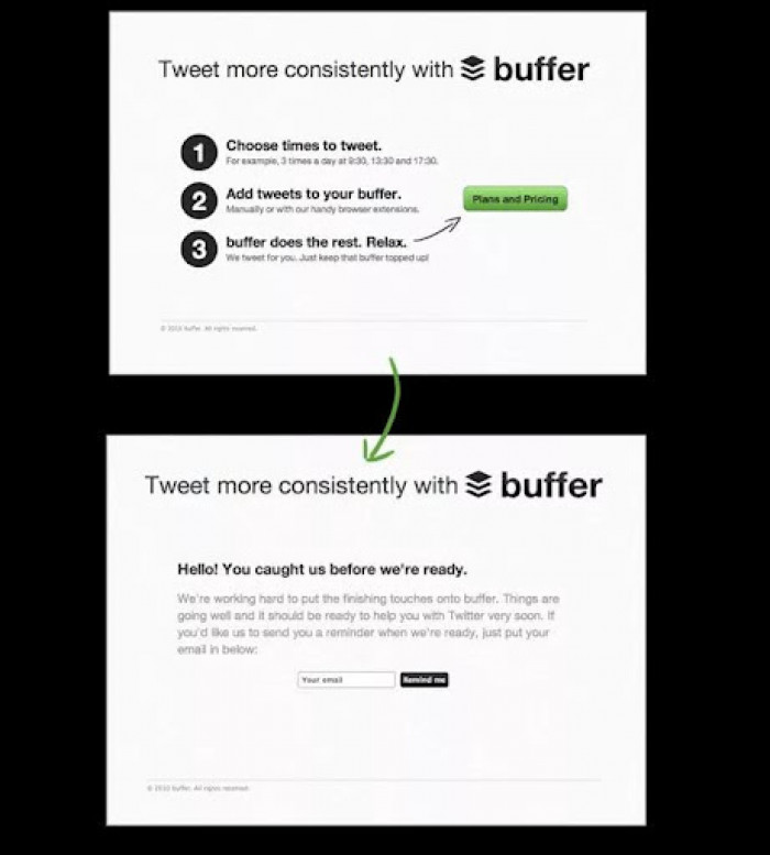 Buffer encourages users to leave their emails to validate their idea and build a user list