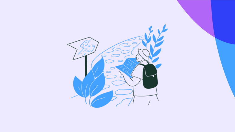 An illustration of a hiker with a backpack consulting a map on a rough, uneven path beside a road sign