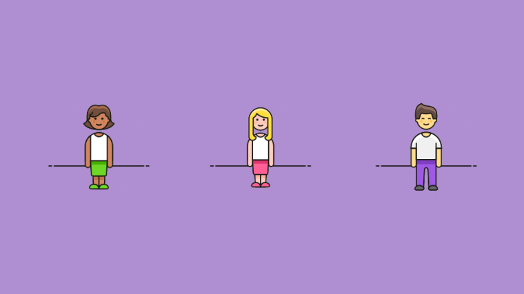 Three illustrated figures with distinct appearances on a purple background