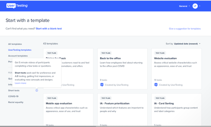 A screenshot of UserTesting test templates