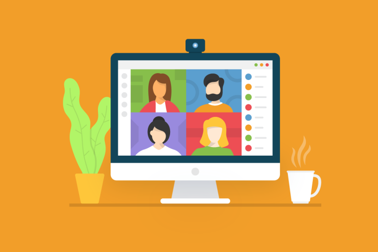 An illustration of a desktop computer showing a four-participant video call, with a potted plant and coffee mug nearby