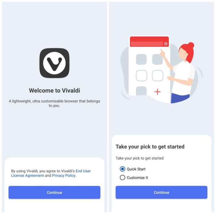 A screenshot of of Vivaldi’s mobile app onboarding