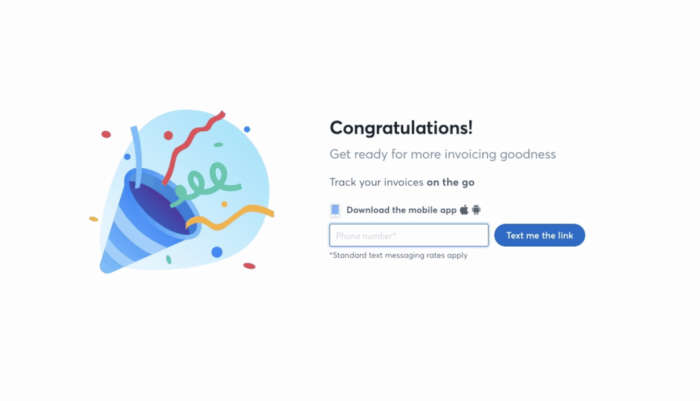 Wave's post-signup congratulations page with a party popper illustration, prompting users to download the mobile app via a text-message link.