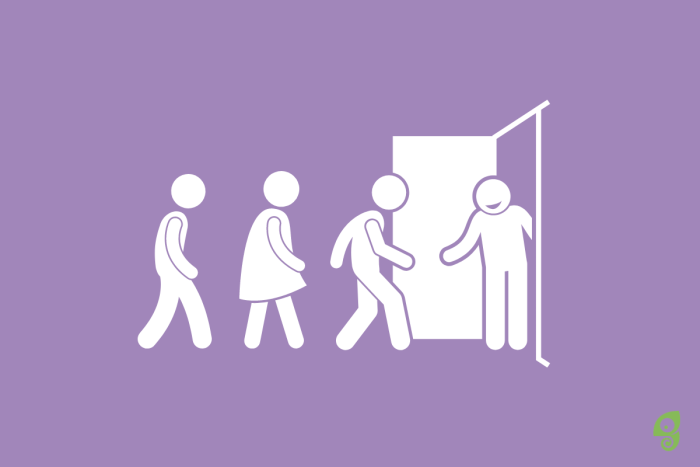 Illustration of white silhouette figures walking in a line toward an open door, where a smiling figure holds it open to welcome them.