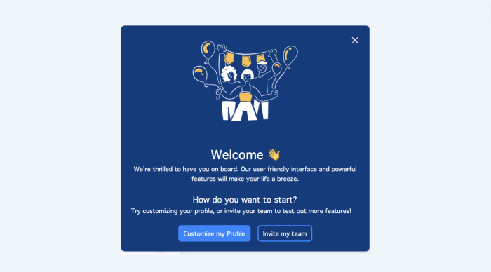 A Chameleon welcome tour announcement asking users to choose their onboarding path, with 'Customize my Profile' and 'Invite my team' CTA buttons.