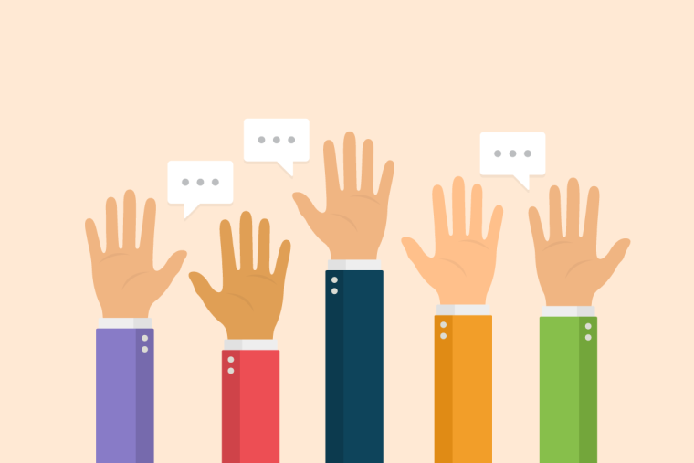 An illustration of five raised hands, three of which have speech bubbles with ellipsis dots above them.
