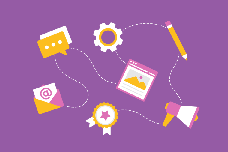 An illustration of product marketing activities — messaging, email, settings, content creation, recognition, and promotion icons connected by dashed lines.