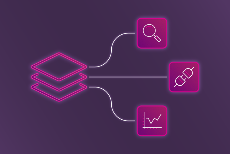 An illustration of stacked data layers connected to icons representing search, integration, and analytics.