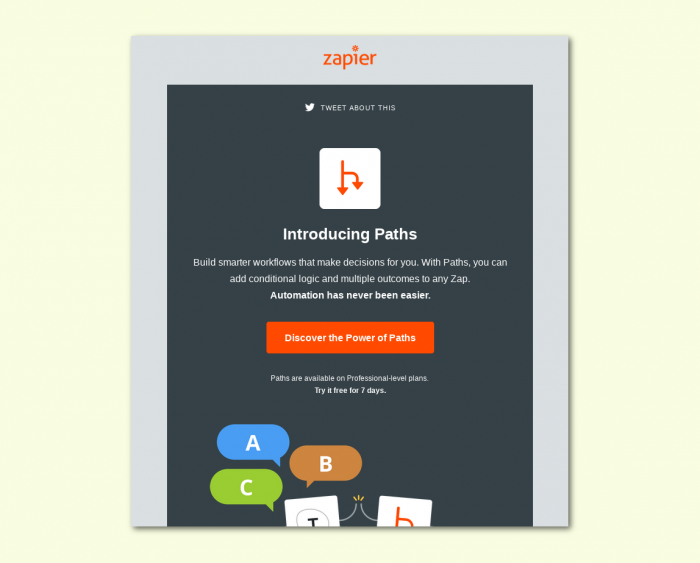 Email feature announcement example from Zapier