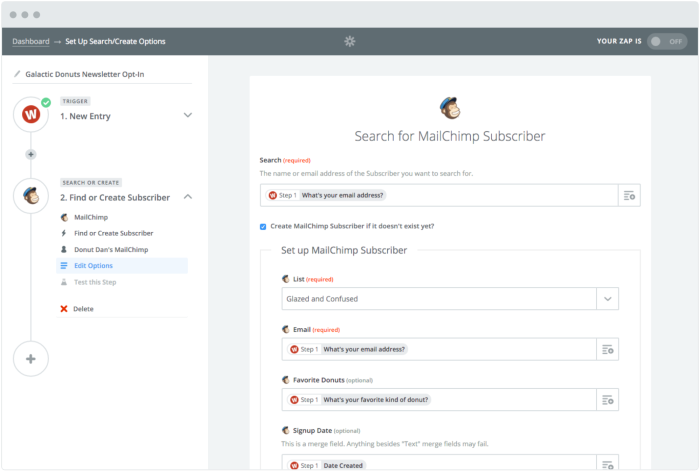 A screenshot of Zapier’s Zap builder