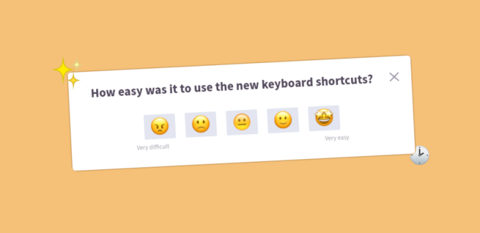 A Chameleon microsurvey asking 'How easy was it to use the new keyboard shortcuts?' with a five-point emoji scale ranging from 'Very difficult' to 'Very easy'.