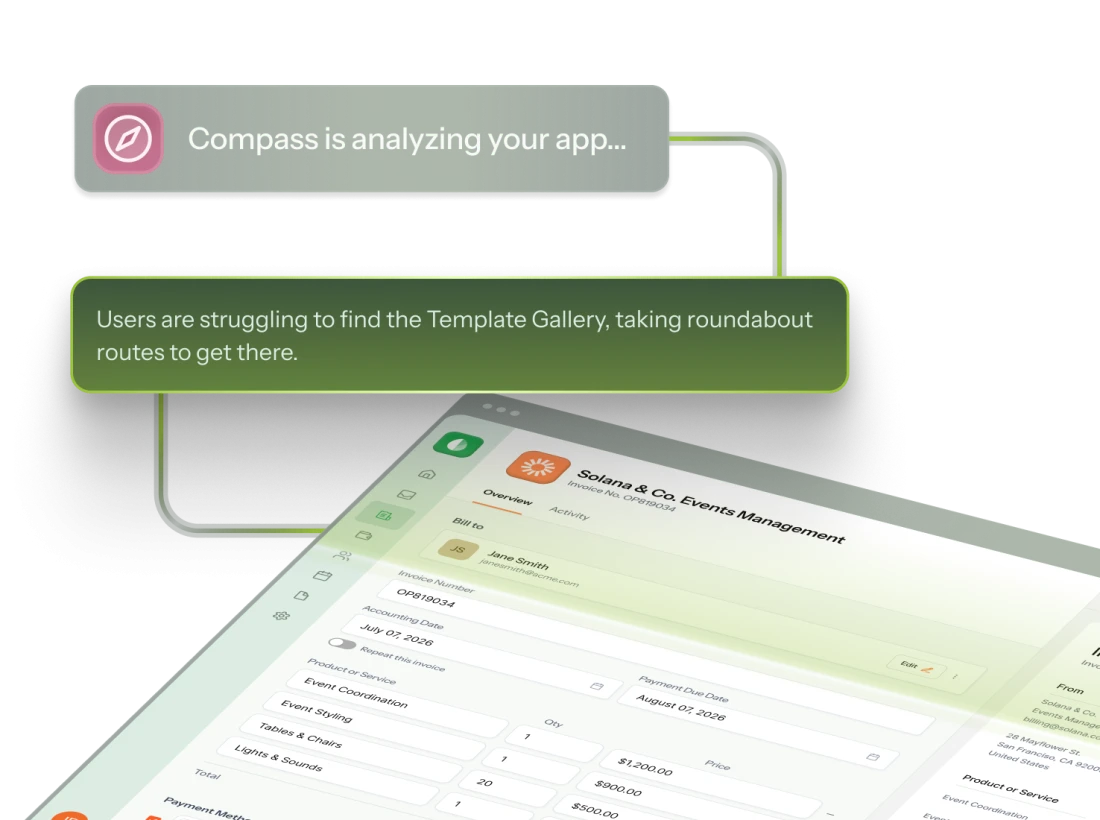 Compass callout boxes over a fictional invoicing app, flagging that users are struggling to find the Template Gallery and taking roundabout routes to reach it.
