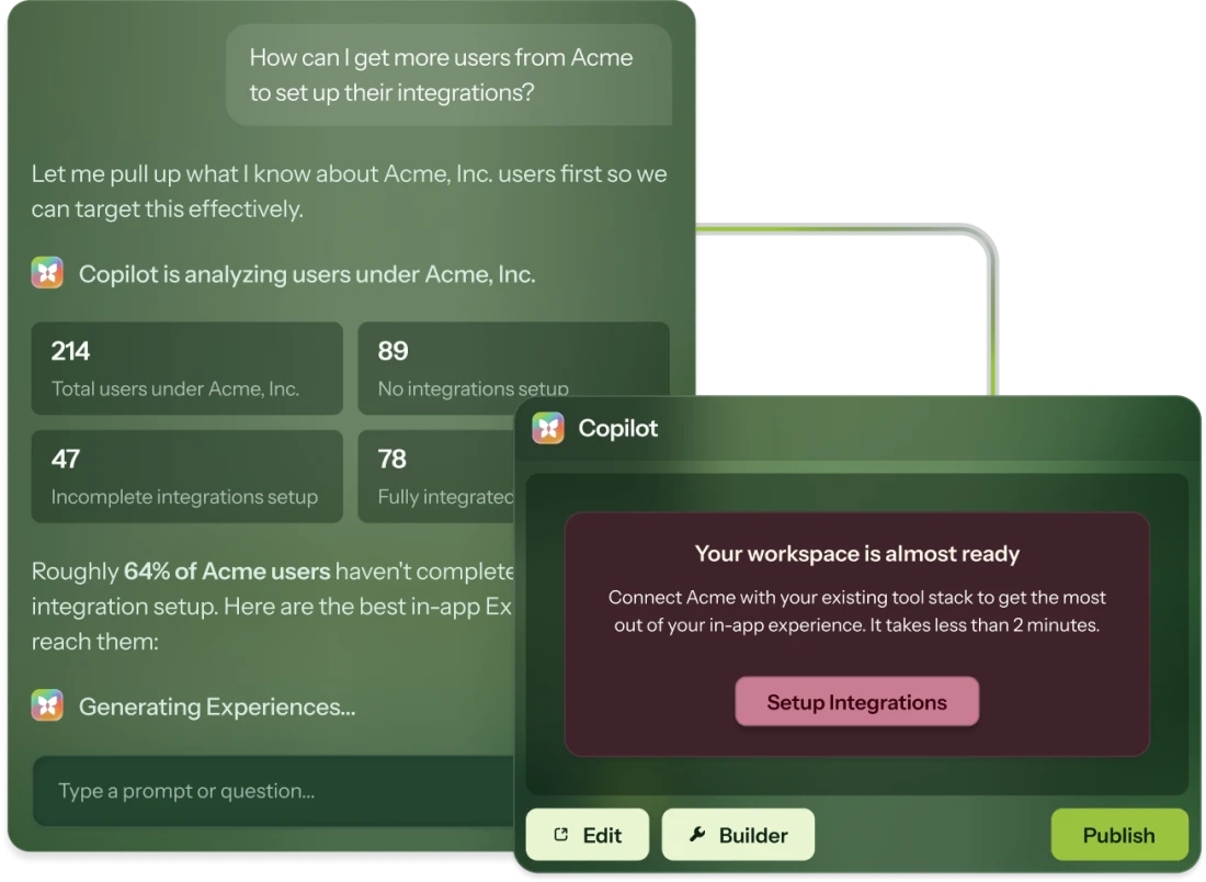 Chameleon Copilot analyzing user integration adoption for a company and generating a Chameleon announcement prompting users to set up integrations.