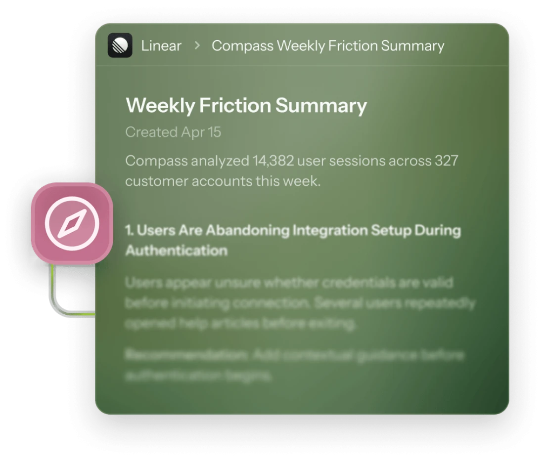 A Compass-generated Weekly Friction Summary draft in Linear, showing detected friction points from user sessions.