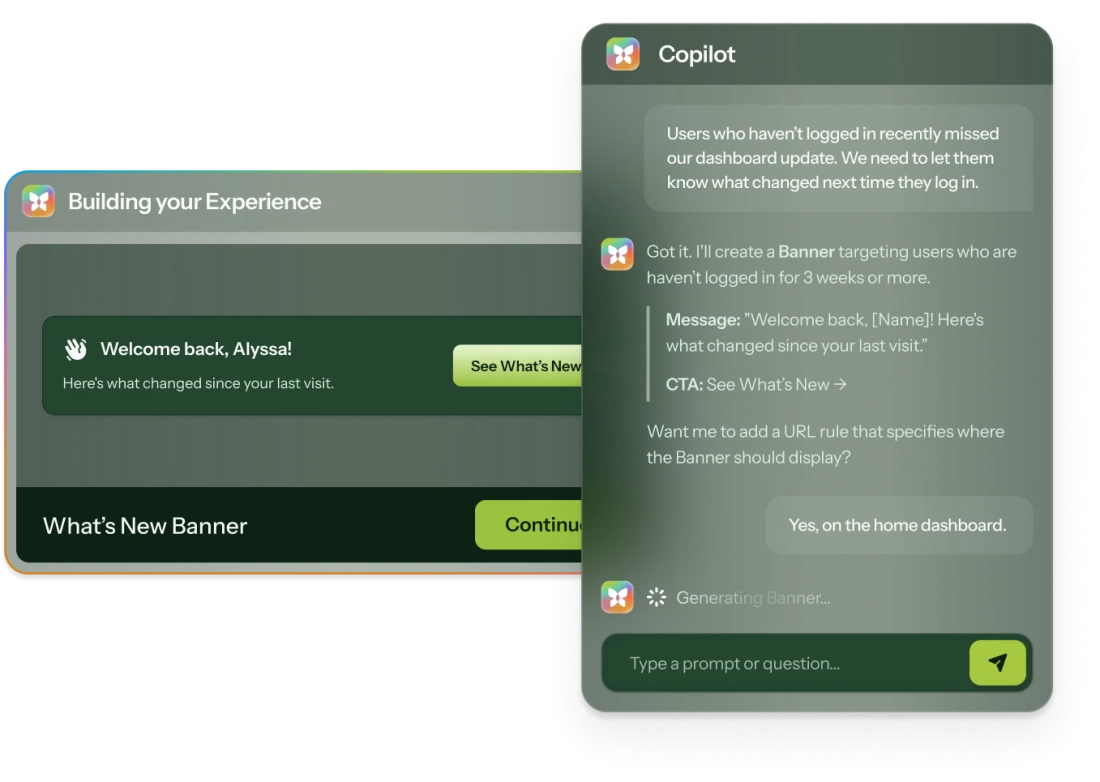 A Copilot chat drafting a Banner to notify returning users about product updates, layered in front of a partially hidden preview of the resulting 