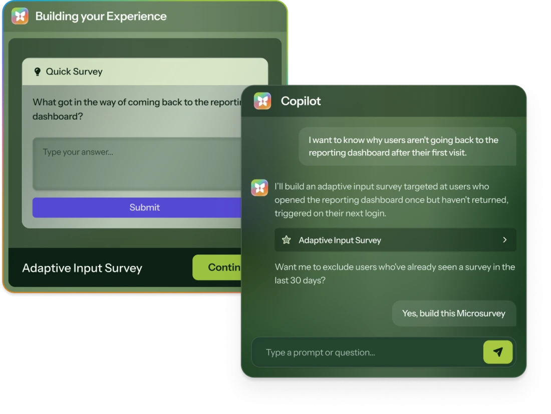 Chameleon's Copilot chat panel building an adaptive Microsurvey, with a preview of the survey question behind it.