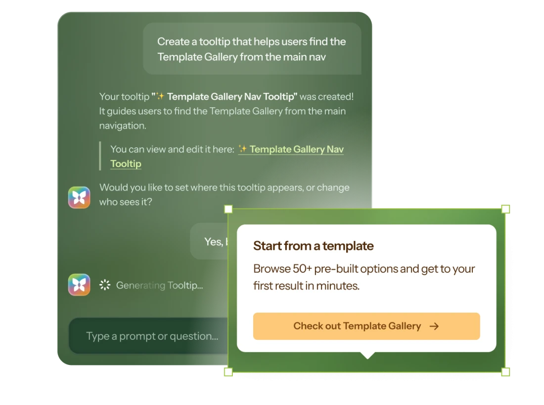 The Chameleon Copilot chat interface creating a tooltip from a typed request, shown alongside a preview of the resulting tooltip with a headline, body text, and CTA button, marked with selection handles for positioning.