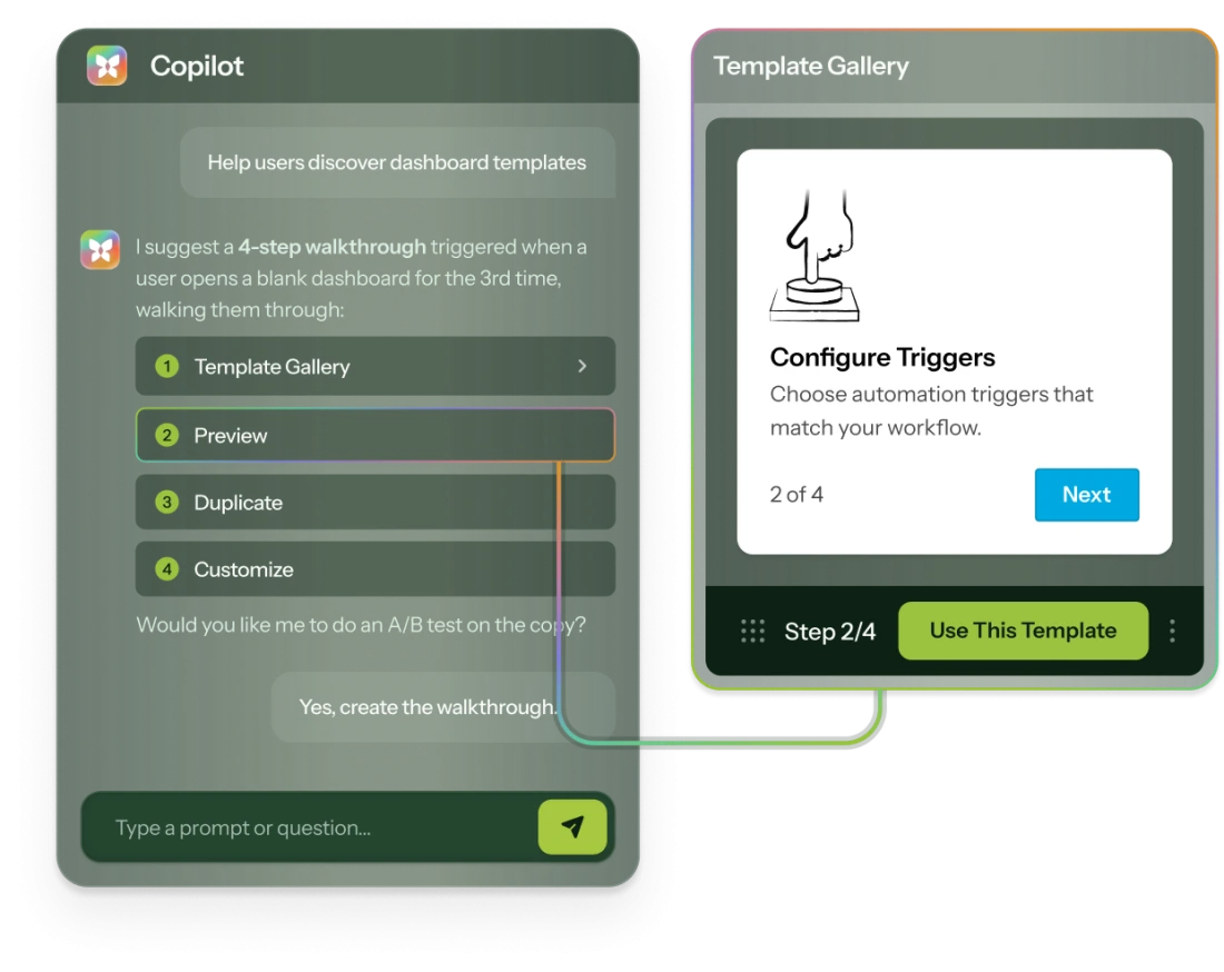 Copilot chat panel suggesting a multi-step product tour to help users discover dashboard templates, next to a preview of one step being built with a 'Use This Template' button.