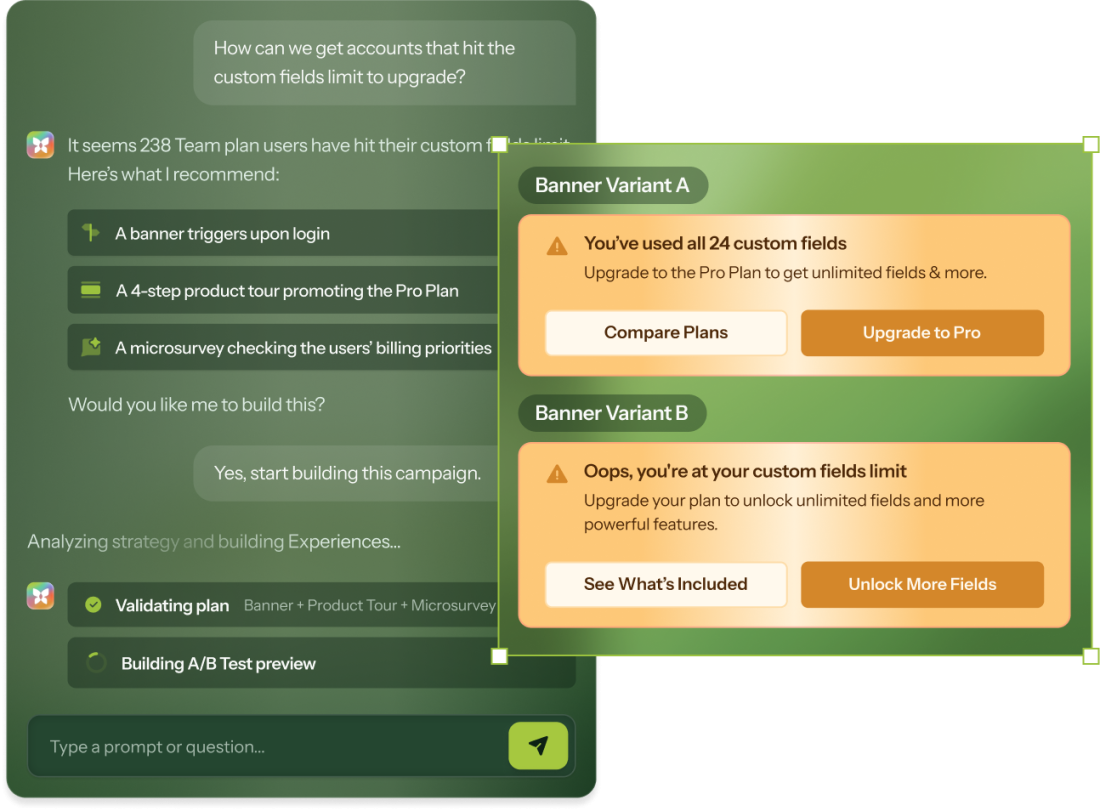 Chameleon Copilot building a multi-experience upsell campaign for users at their plan limit, with two A/B banner variants previewed alongside the conversation.