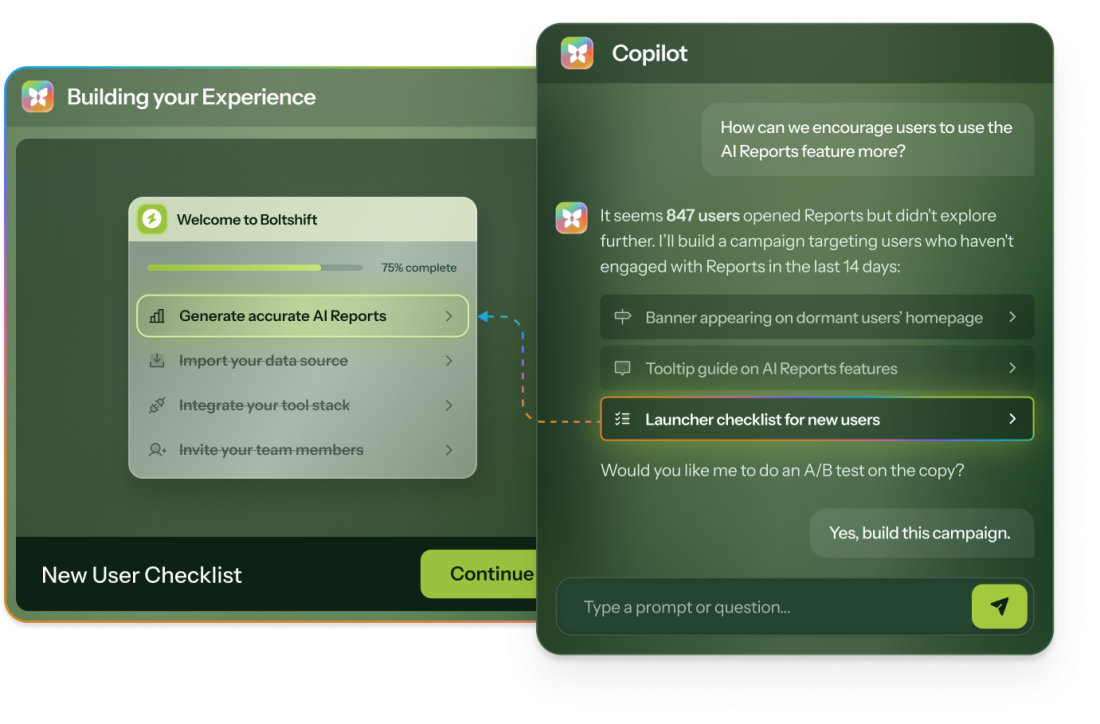 A radial diagram of Chameleon Copilot's capabilities: Plans campaigns, Builds Experiences, Writes content, Cross-sell advice, and Quality checks Experiences.