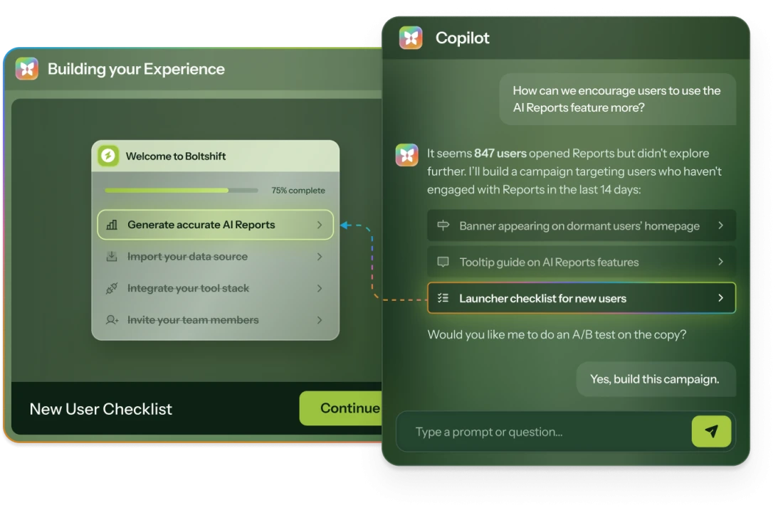 A radial diagram of Chameleon Copilot's capabilities: Plans campaigns, Builds Experiences, Writes content, Cross-sell advice, and Quality checks Experiences.