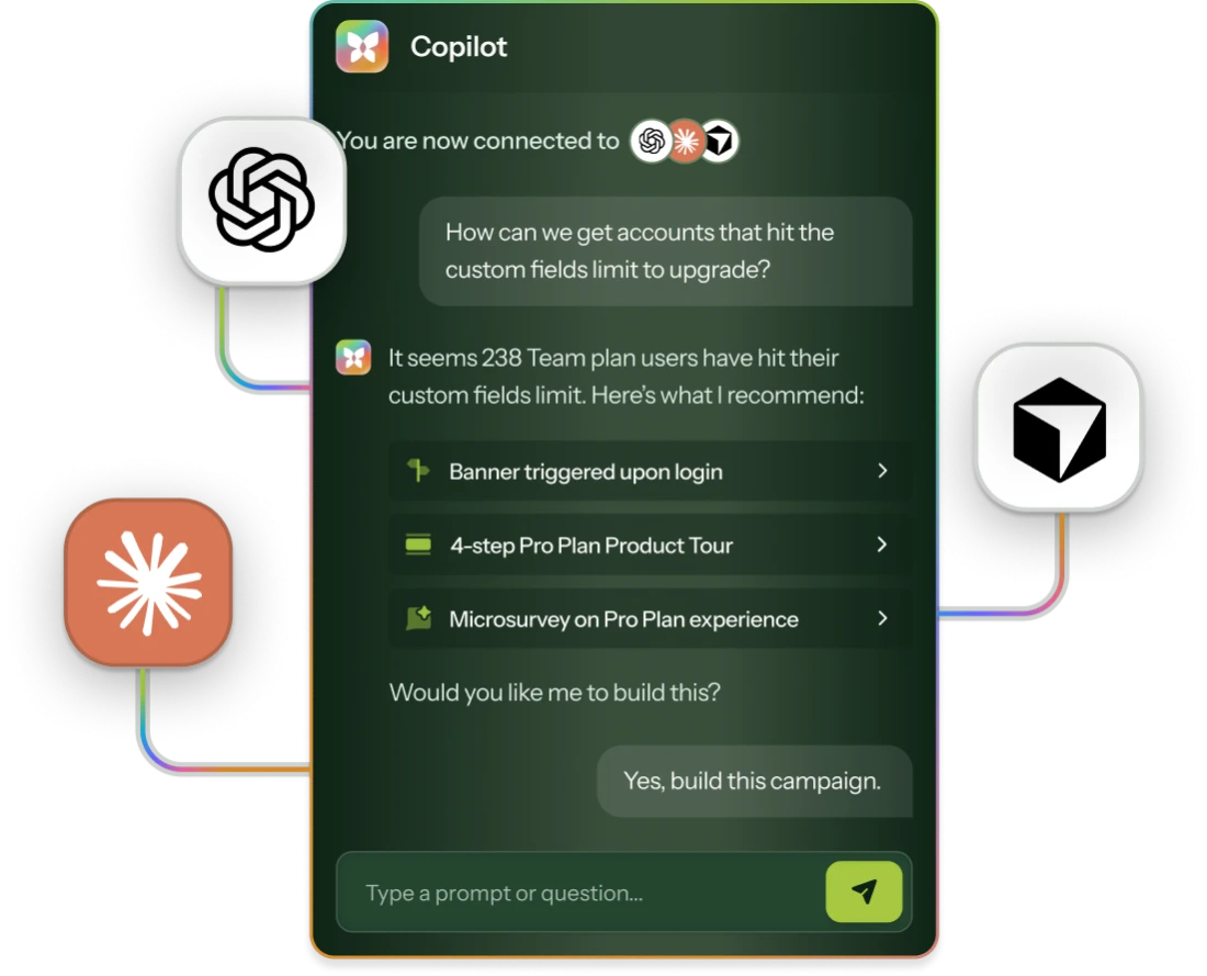 Chameleon Copilot connected to ChatGPT, Claude, and another AI tool, recommending a banner, product tour, and microsurvey to upgrade Team plan accounts that have already hit their custom fields limit.