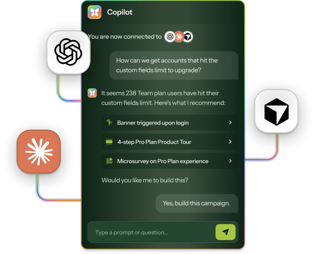Chameleon Copilot connected to ChatGPT, Claude, and another AI tool, recommending a banner, product tour, and microsurvey to upgrade Team plan accounts that have already hit their custom fields limit.