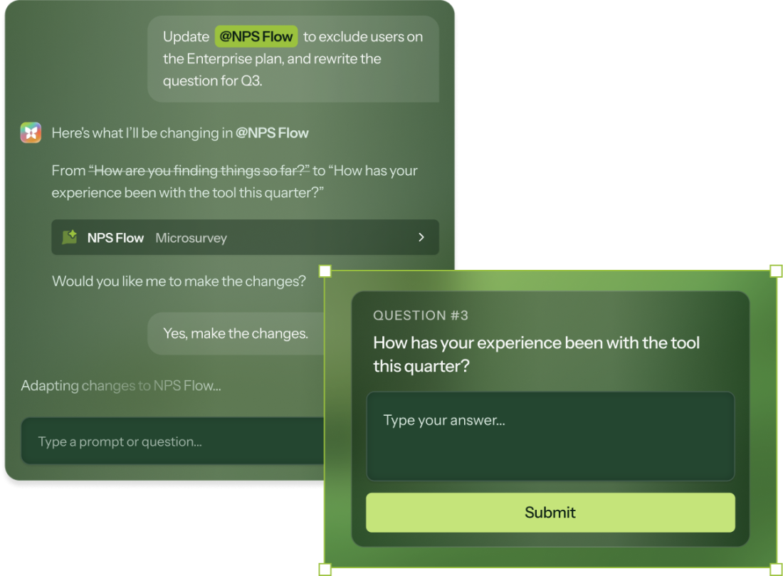 Chameleon Copilot chat showing a request to update an NPS microsurvey's question and audience, with a preview of the revised question.